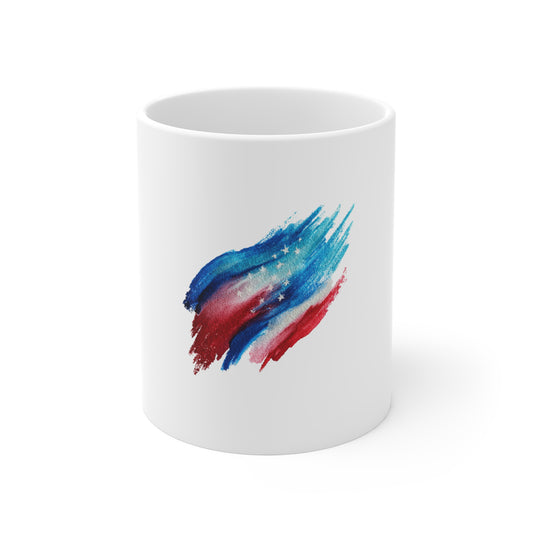 Patriotic Watercolor Brushstroke Mug — Red & Blue Abstract 11oz Ceramic