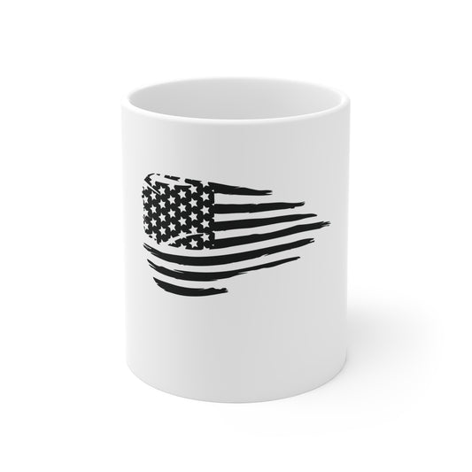 Blacked-Out Waving American Flag Coffee Mug – Distressed USA Flag Mug – Stealth Patriotic Cup – Minimalist Vintage Flag Design Mug 11oz