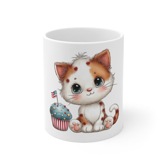 Patriotic Kitten Cupcake Mug – Cute USA Cat Coffee Mug – 4th of July Dessert Cat Mug – Americana Cat Lover Gift Cute Kitten & Cupcake 11oz Mug — Patriotic Blue Sprinkles