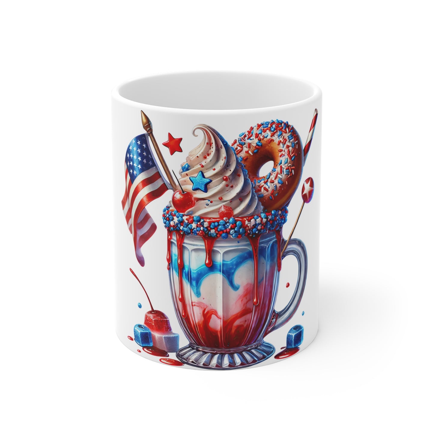 Patriotic Donut Milkshake Coffee Mug – 4th of July Ice Cream Sundae Mug – Red White Blue Dessert Cup with American Flag – Americana Treat Mug Patriotic Red White Blue Milkshake Mug – 11oz Fourth of...