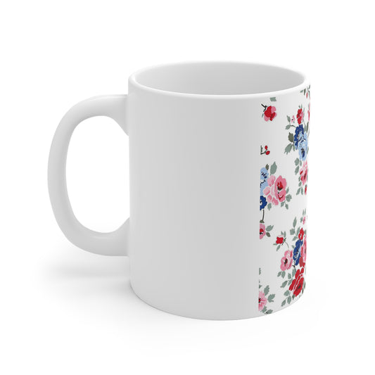 Patriotic Vintage Rose Coffee Mug – Red White Blue Floral Mug – Classic Americana Garden Cup – Shabby Chic Rose Mug Floral Vintage Rose 11oz Coffee Mug