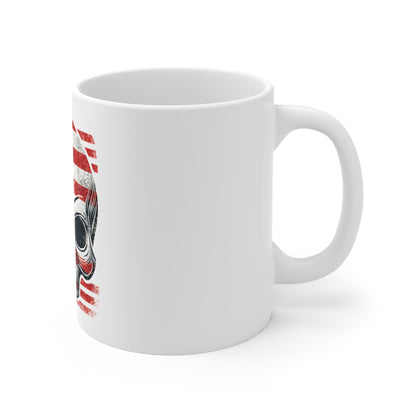 Distressed Patriotic Skull Coffee Mug – American Flag Skull Graphic Mug – Grunge USA Skull Badge Cup – Bold Retro Americana Gift Mug 11oz