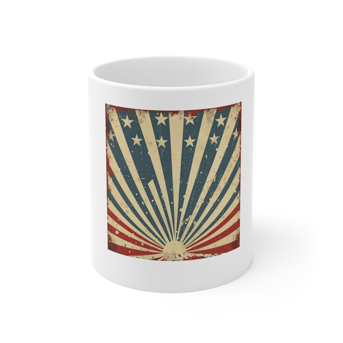 Vintage Americana Sunburst Coffee Mug – Retro Patriotic Rays Mug – Distressed USA Starburst Cup – Classic Vintage Flag Gift Vintage American Flag Sunburst Mug – Patriotic 11oz Coffee Cup