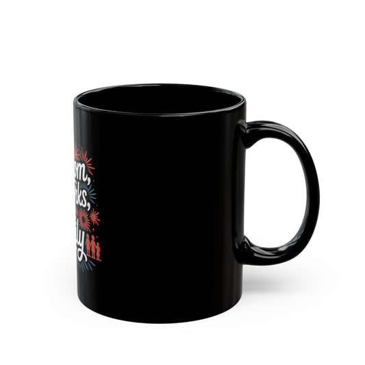 Freedom, Fireworks & Family Black Mug — Patriotic 4th of July Coffee Cup
