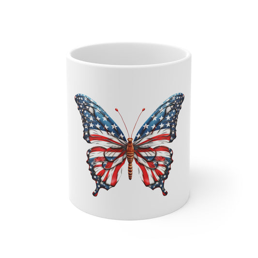 Artistic American Flag Butterfly Mug – Detailed Patriotic Butterfly Coffee Mug – Red White Blue Decorative Wing Cup – Elegant USA Gift American Flag Butterfly Mug - Patriotic 11oz Coffee Cup