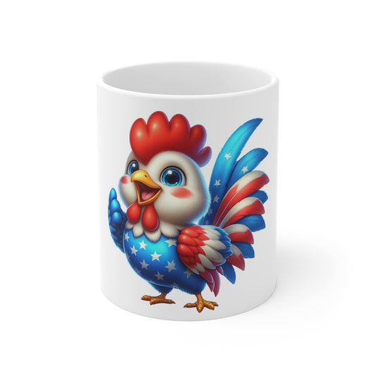 Cute Patriotic Rooster Coffee Mug – Americana Chicken Mug – Red White Blue Animal Mug – Adorable Farmhouse Patriotic Cup 11oz