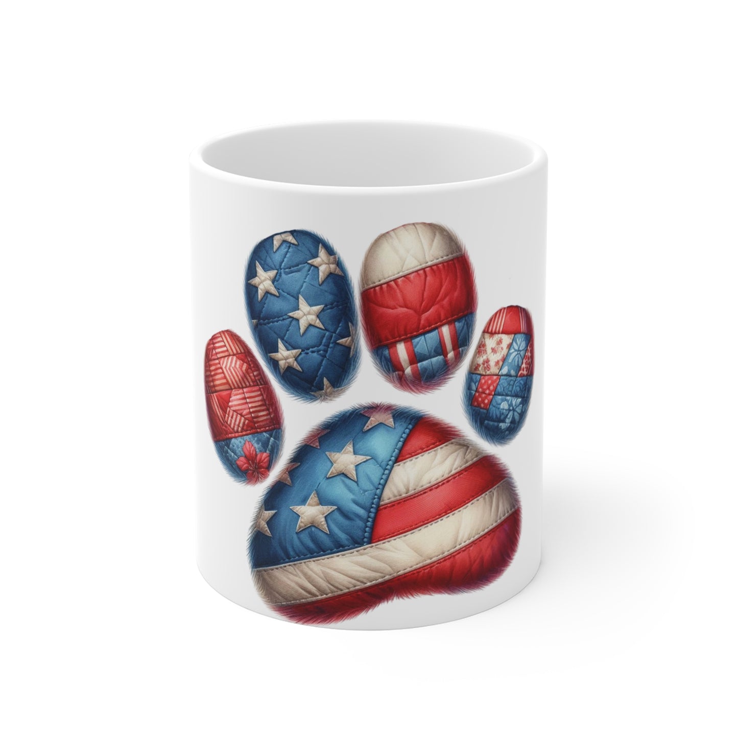 Patriotic Dog Paw Coffee Mug – Quilted American Flag Paw Print Mug – Red White Blue Dog Lover Gift – Soft Americana Patchwork Mug Patriotic Paw Print Mug – American Flag Dog Paw Coffee Cup (11oz...