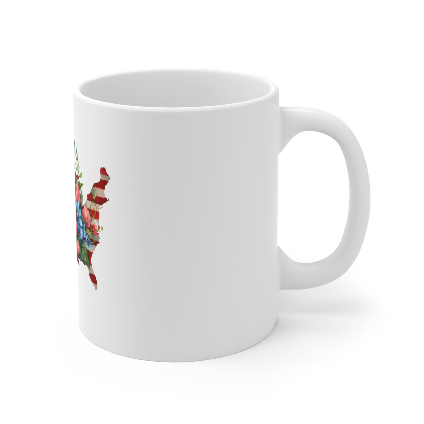 Patriotic USA Floral Map Mug — 11oz American Flag with Roses & Daisies