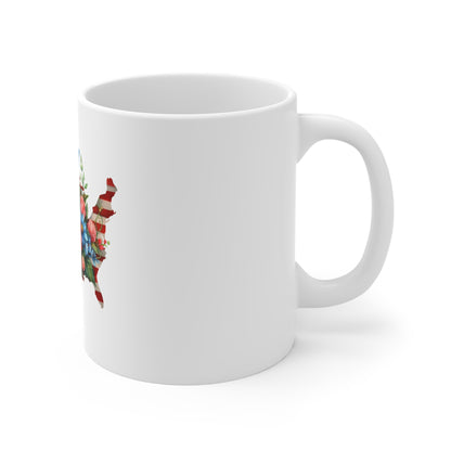Patriotic USA Floral Map Mug — 11oz American Flag with Roses & Daisies
