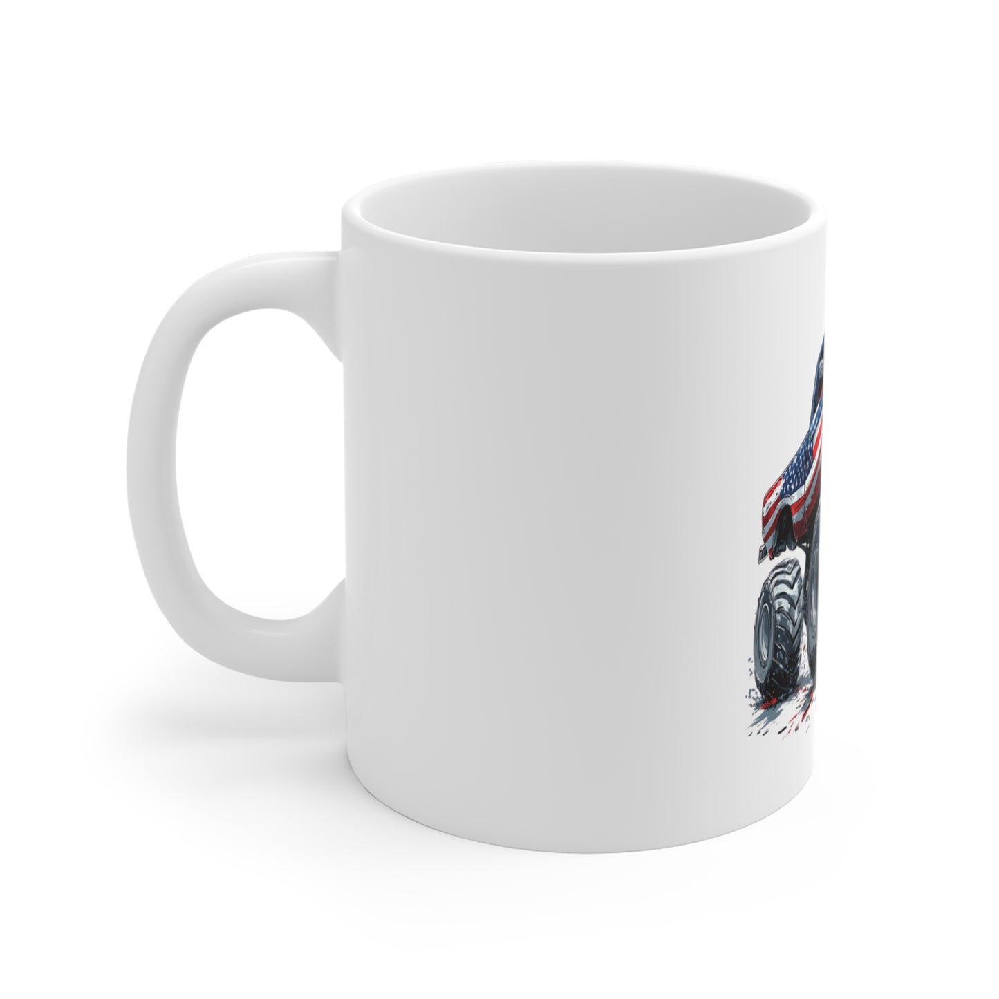 Patriotic Monster Truck Coffee Mug – American Flag Lifted Truck Mug – Rugged USA Off-Road Design – Bold Americana Gift Mug 11oz