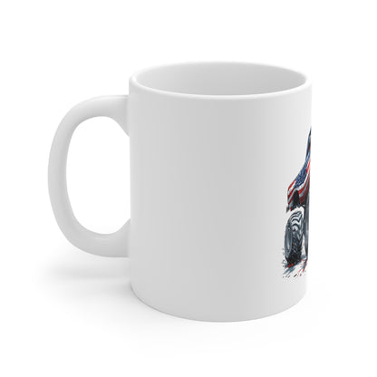 Patriotic Monster Truck Coffee Mug – American Flag Lifted Truck Mug – Rugged USA Off-Road Design – Bold Americana Gift Mug 11oz