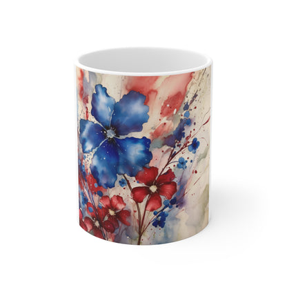 Patriotic Blue Flower Coffee Mug – Red Blue Watercolor Floral Mug – Artistic Americana Blossom Cup – Elegant Botanical Gift Mug Blue & Red Watercolor Floral Mug - 11oz Ceramic Coffee Cup