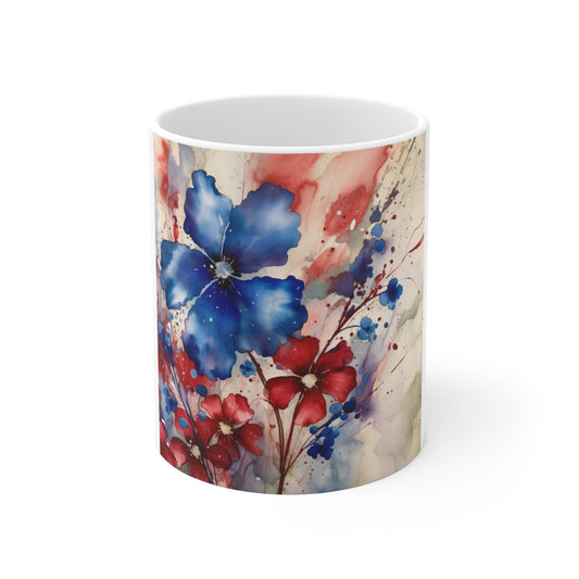 Patriotic Blue Flower Coffee Mug – Red Blue Watercolor Floral Mug – Artistic Americana Blossom Cup – Elegant Botanical Gift Mug Blue & Red Watercolor Floral Mug - 11oz Ceramic Coffee Cup