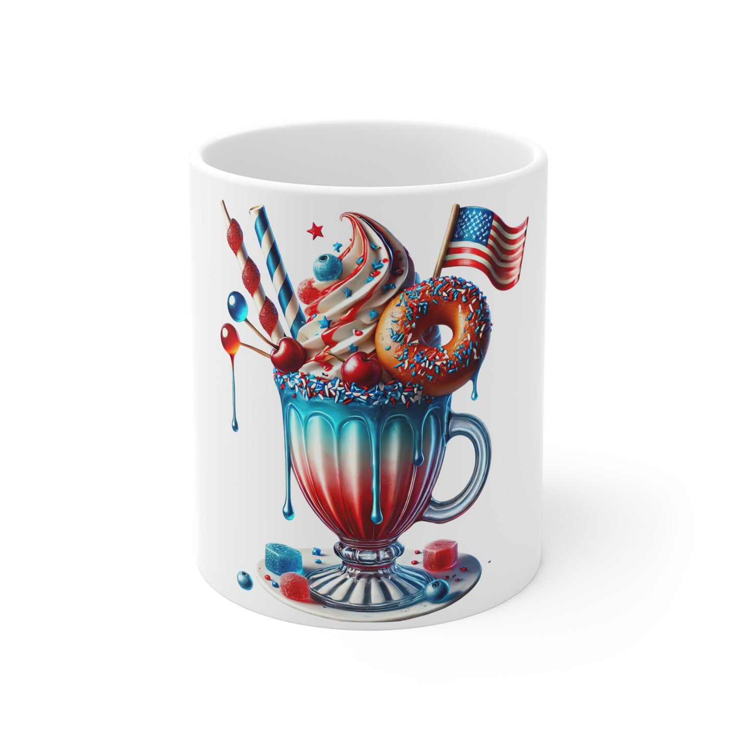 Patriotic Donut Milkshake Coffee Mug – 4th of July Dessert Mug – Red White Blue Sweet Treat Cup – Americana Candy Mug – Festive Gift Mug 4th of July Dessert Mug — Patriotic Red White & Blue Ice Cream...