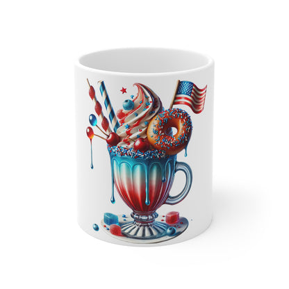 Patriotic Donut Milkshake Coffee Mug – 4th of July Dessert Mug – Red White Blue Sweet Treat Cup – Americana Candy Mug – Festive Gift Mug 4th of July Dessert Mug — Patriotic Red White & Blue Ice Cream...