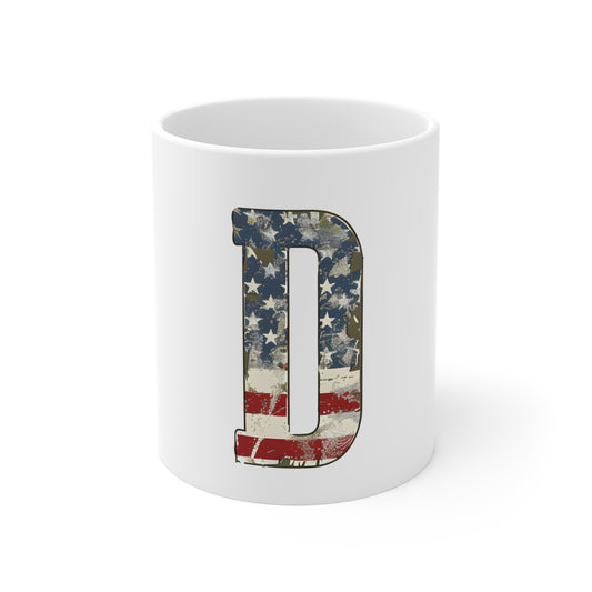 Patriotic Letter D Coffee Mug – American Flag Initial Mug – Vintage USA Monogram Mug – Distressed Americana Alphabet Gift Mug 11oz
