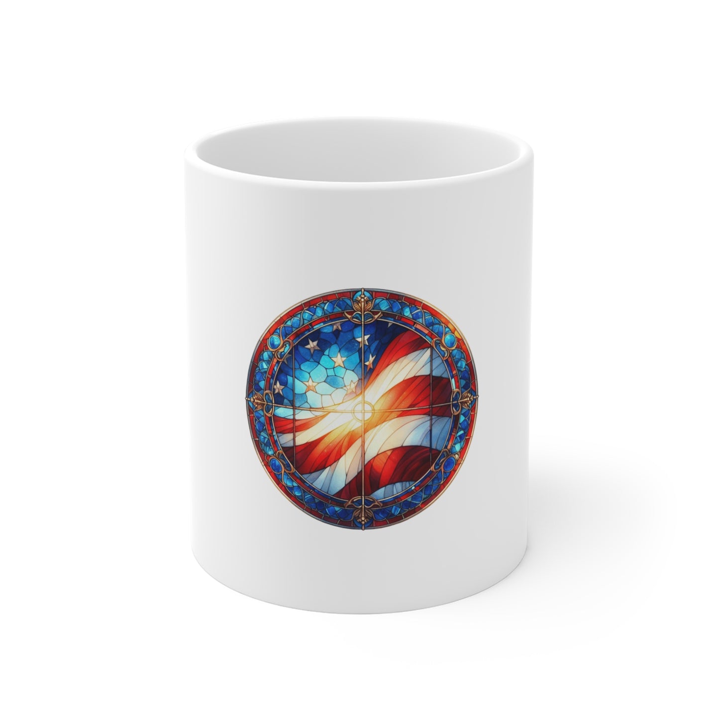 Stained Glass American Flag Mug – Radiant Flag Coffee Mug – Patriotic Sunburst USA Cup – Red White Blue Americana Gift Mug 11oz