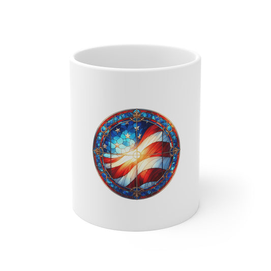 Stained Glass American Flag Mug – Radiant Flag Coffee Mug – Patriotic Sunburst USA Cup – Red White Blue Americana Gift Mug 11oz