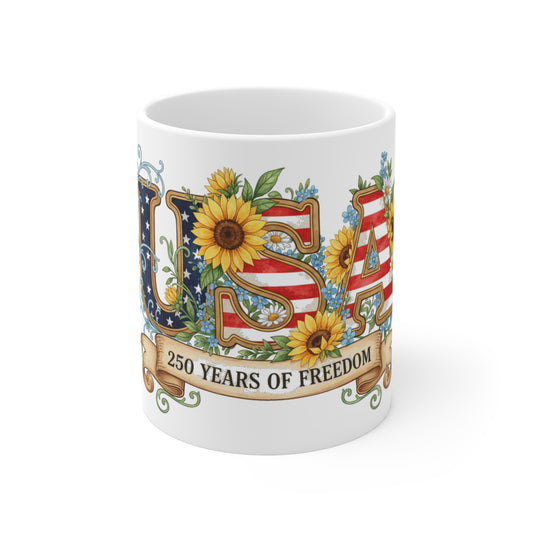 USA Sunflower Patriotic Coffee Mug – 250 Years of Freedom Mug – Vintage Americana Floral Flag Mug 11oz