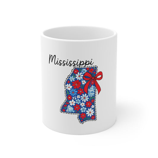 Mississippi Floral State Outline 11oz Mug — Red Blue Daisy Design with Bow