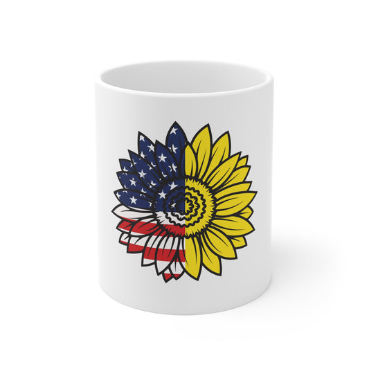 Patriotic Sunflower Coffee Mug – American Flag Yellow Sunflower Mug – Bold Red White Blue Floral Design – USA Gift Mug 11oz