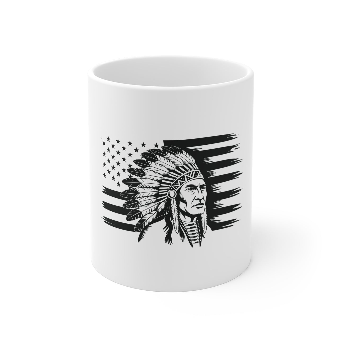 Native American Headdress Flag Mug – Patriotic Tribal Chief Coffee Mug – USA Flag Heritage Cup – Stealth American Pride Mug Mug 11oz