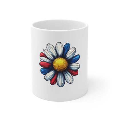 Patriotic Red White Blue Daisy Mug — 11oz Floral Coffee Cup