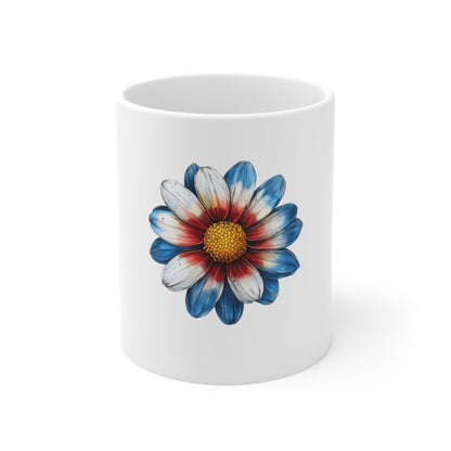 Patriotic Daisy Coffee Mug — Red, White & Blue Floral 11oz