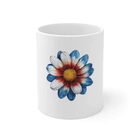 Patriotic Daisy Coffee Mug — Red, White & Blue Floral 11oz