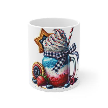 Patriotic Mason Jar Sundae Coffee Mug – 4th of July Dessert Mug – Red White Blue Ice Cream Milkshake Cup with Star Cookie Patriotic Red White & Blue Milkshake Mug — 11oz Fourth of July Dessert Coffee...
