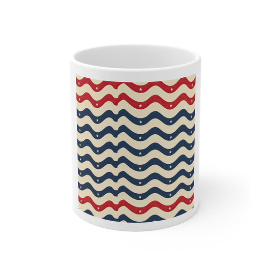 Wavy Patriotic Stripe Coffee Mug – Retro Americana Wave Pattern Mug – Red Blue Star Wave Cup – Modern USA Design Mug 11oz Ceramic Mug — Retro Red & Navy Wavy Stripes (Patriotic Accent)