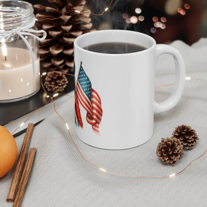 Patriotic Retro Woman with Flag Mug – Vintage American Pin Up Coffee Mug – USA Flag Cup – 4th of July Gift – Classic Americana Style Patriotic Pin-Up Girl Mug — 11oz American Flag Coffee Cup for 4th...