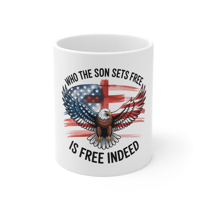 Patriotic Christian Mug — "Who the Son Sets Free Is Free Indeed" with Eagle & Flag, 11oz