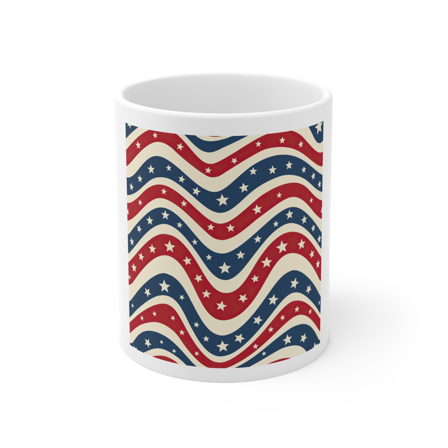 Wavy Americana Star Stripe Coffee Mug – Retro Patriotic Wave Mug – Red White Blue Star Pattern Cup – Vintage USA Flag Inspired Mug Patriotic Wavy Stars 11oz Mug — Red, White & Blue Americana Coffee...