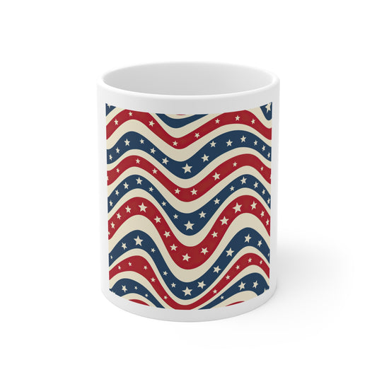 Wavy Americana Star Stripe Coffee Mug – Retro Patriotic Wave Mug – Red White Blue Star Pattern Cup – Vintage USA Flag Inspired Mug Patriotic Wavy Stars 11oz Mug — Red, White & Blue Americana Coffee...