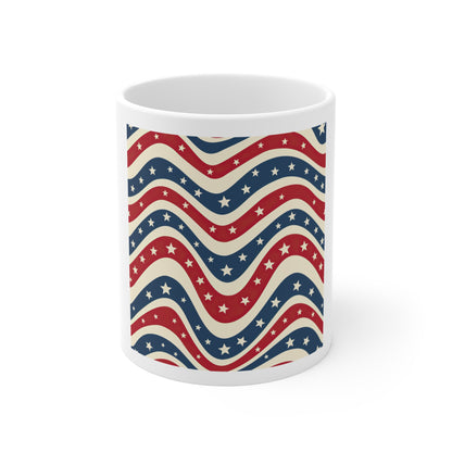 Star Wave Americana Coffee Mug – Retro Patriotic Wave Mug – Red White Blue Star Stripe Cup – Vintage USA Flag Pattern Mug American Flag Wave Mug — Patriotic Red White Blue Stars Coffee Cup (11oz...
