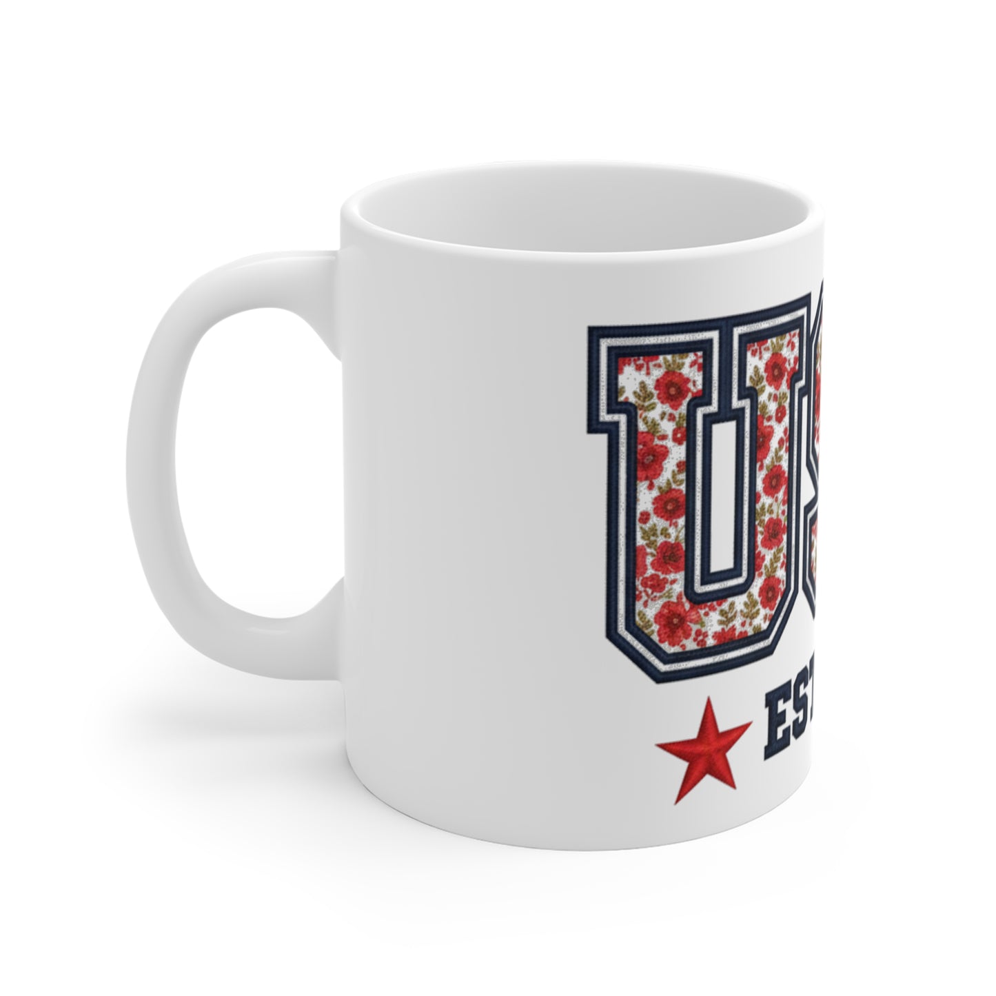 USA Est 1776 Patriotic Floral Coffee Mug – Red White Blue Flower Mug – Vintage Americana Botanical Cup – Elegant 4th of July Gift Mug 11oz
