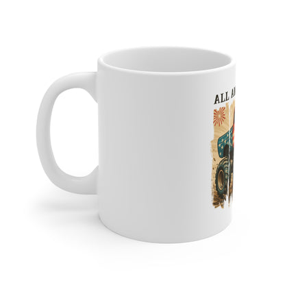All American Boy Monster Truck Mug – Patriotic Truck Coffee Cup – Vintage USA Off-Road Design Mug 11oz