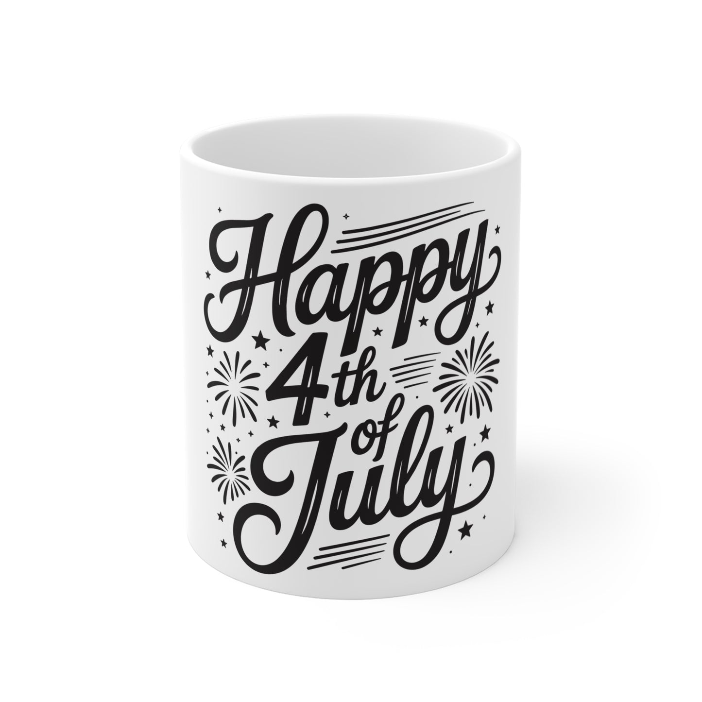 Happy 4th of July Coffee Mug – Patriotic Script Fireworks Mug – Independence Day USA Mug – Festive Americana Celebration Cup Mug 11oz