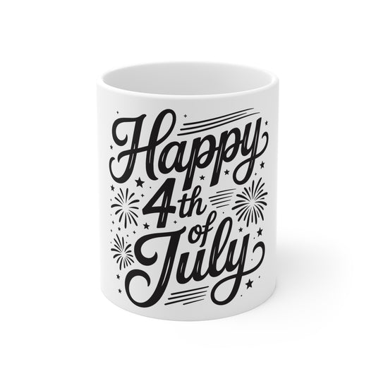 Happy 4th of July Coffee Mug – Patriotic Script Fireworks Mug – Independence Day USA Mug – Festive Americana Celebration Cup Mug 11oz