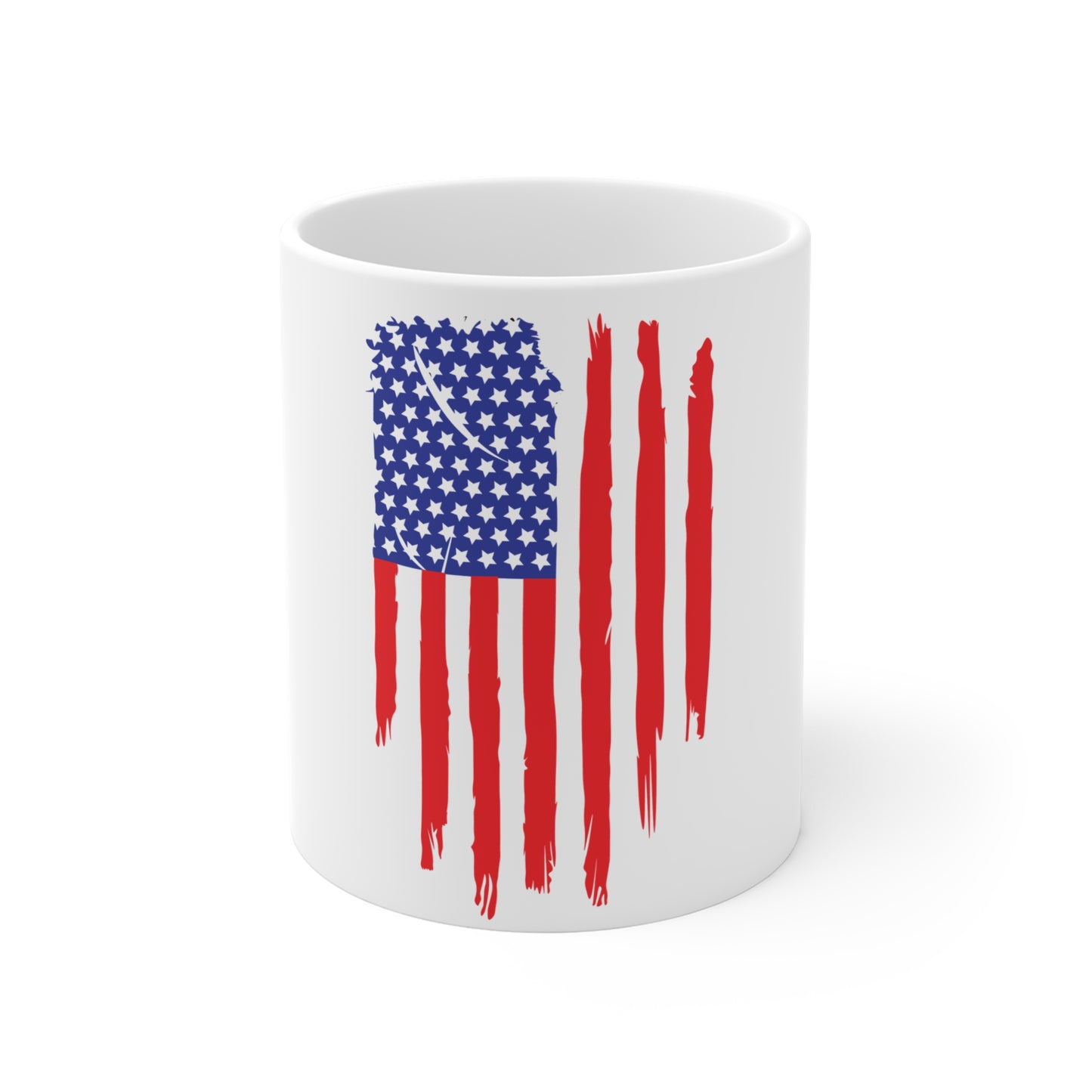 Distressed Vertical American Flag Coffee Mug – Long Drip USA Flag Mug – Bold Patriotic Cup – Red White Blue Gift Mug 11oz