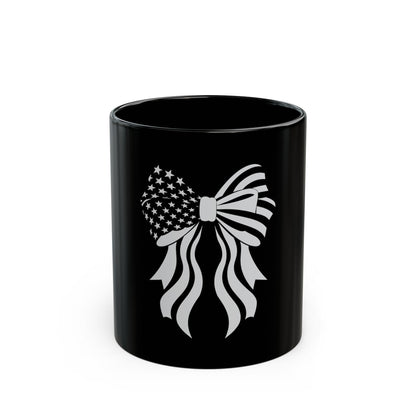 Patriotic Bow Coffee Mug – American Flag Ribbon Mug – USA Stars and Stripes Bow Cup – Cute Americana Gift Mug Black Mug (11oz, 15oz)