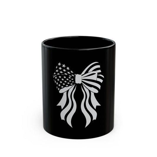 Patriotic Bow Coffee Mug – American Flag Ribbon Mug – USA Stars and Stripes Bow Cup – Cute Americana Gift Mug Black Mug (11oz, 15oz)
