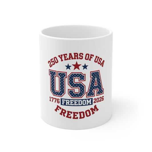 USA 250 Years of Freedom Coffee Mug – 1776–2026 Patriotic Varsity Mug – Red White Blue Americana Cup – Bold Independence Gift Mug 11oz