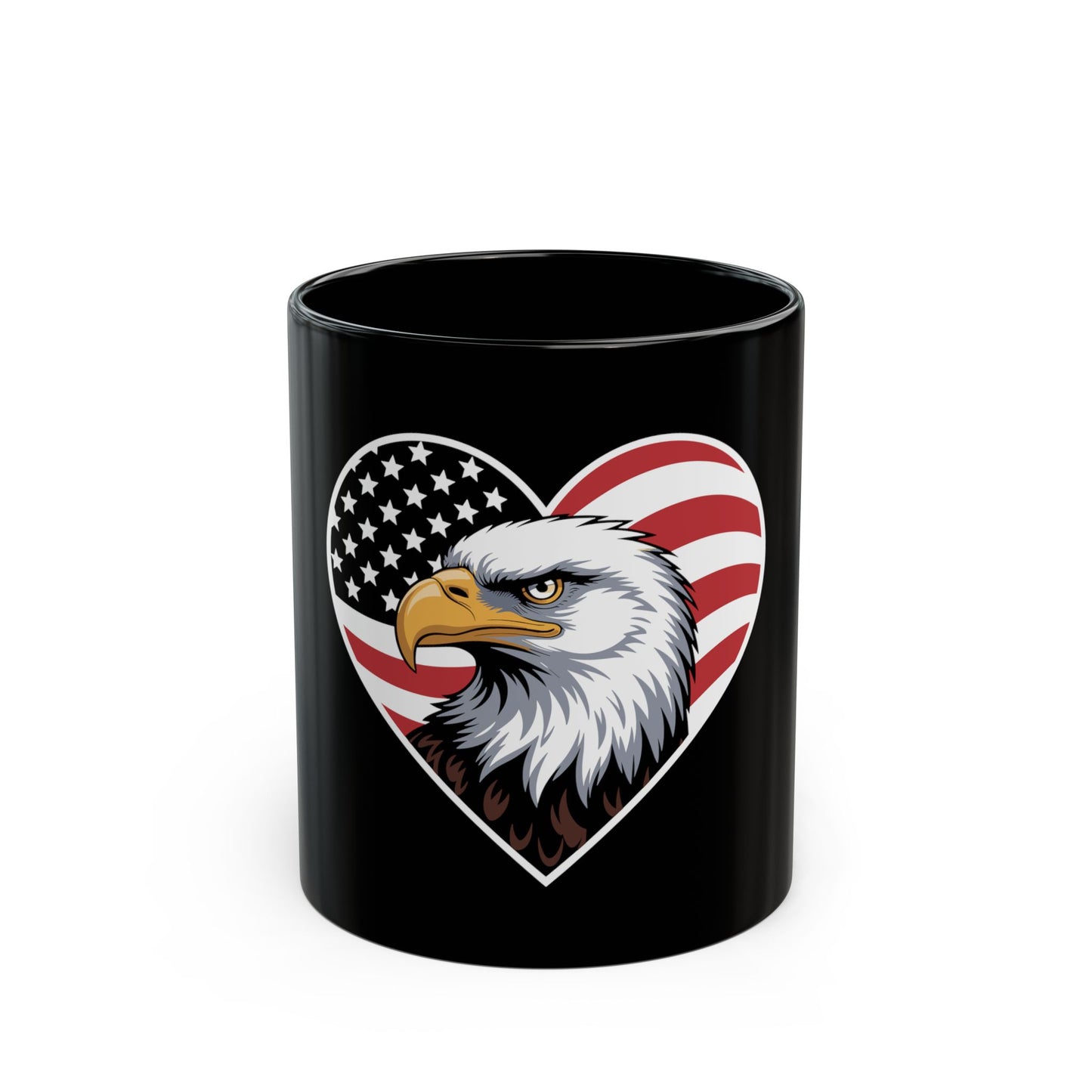 Patriotic Eagle Heart Mug – American Flag Heart Eagle Coffee Mug – USA Bald Eagle Pride Cup – Patriotic Gift Mug Black Mug (11oz, 15oz)