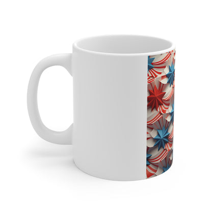 3D Patriotic Wave Star Coffee Mug – Flowing Red White Blue Ribbon Mug – Layered Americana Star Design – USA Flag Inspired Mug 11oz