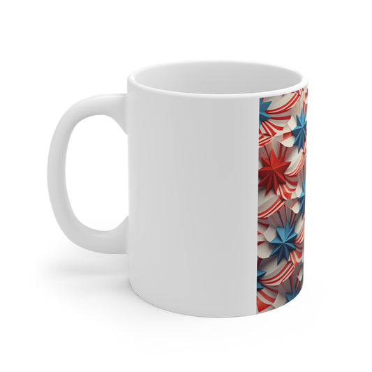 3D Patriotic Wave Star Coffee Mug – Flowing Red White Blue Ribbon Mug – Layered Americana Star Design – USA Flag Inspired Mug 11oz