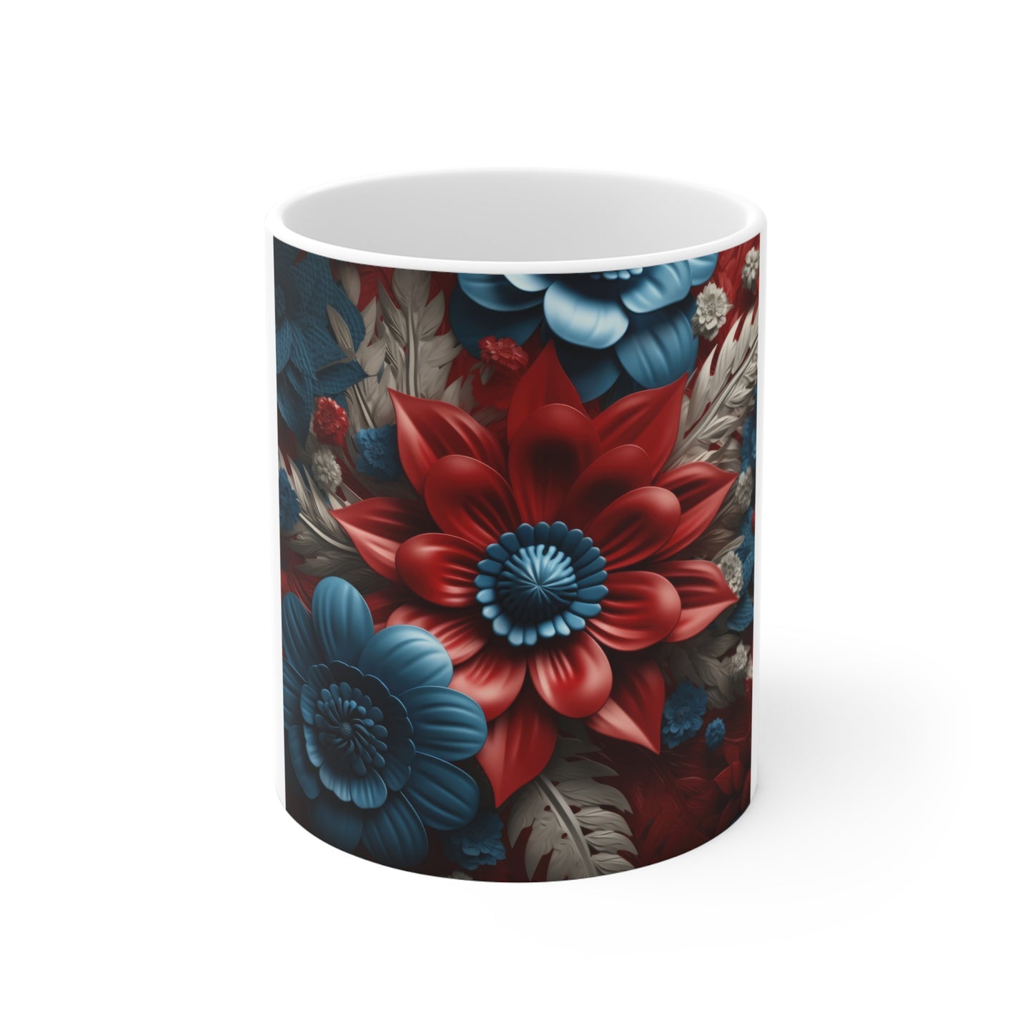 Patriotic 3D Red Blue Flower Coffee Mug – Sculpted Americana Floral Mug – Bold Modern Botanical Cup – Premium Statement Mug Floral Elegance 11oz Coffee Mug — Red & Blue Botanical Pattern