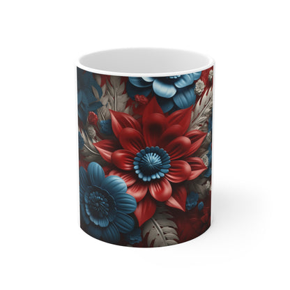 Patriotic 3D Red Blue Flower Coffee Mug – Sculpted Americana Floral Mug – Bold Modern Botanical Cup – Premium Statement Mug Floral Elegance 11oz Coffee Mug — Red & Blue Botanical Pattern