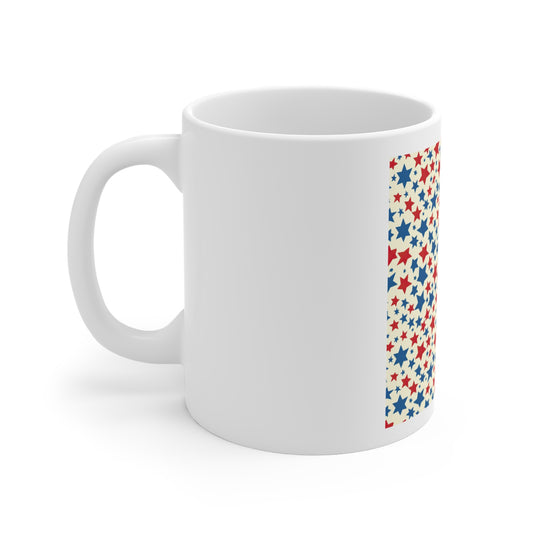 Red White & Blue Star Pattern Coffee Mug – Patriotic Stars Mug – Americana Confetti Star Cup – Festive USA Mug Gift Patriotic Red White Blue Star Pattern Mug — 11oz Ceramic Coffee Cup